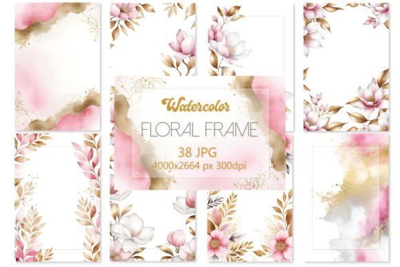 Elegant Pink & Gold: Floral Watercolor Frame Backgrounds 3