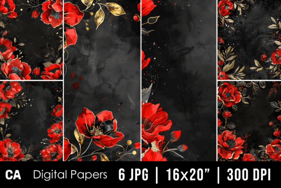 Watercolor Black Red Floral Backgrounds for Creative Projects